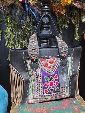 Vintage Addiction Black Leather Tote with Embroidered Panels
